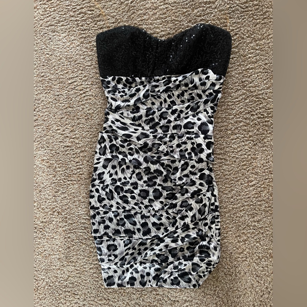 Strapless Black Sparkle and Cheetah Pattern Dress | Medium